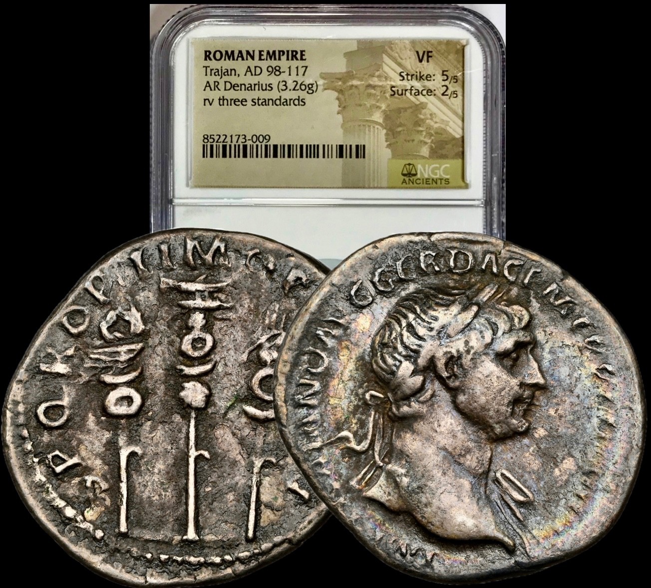 98-117 AD Trajan SPQR Standards Rev. Ancient Roman Silver Denarius Coin NGC VF