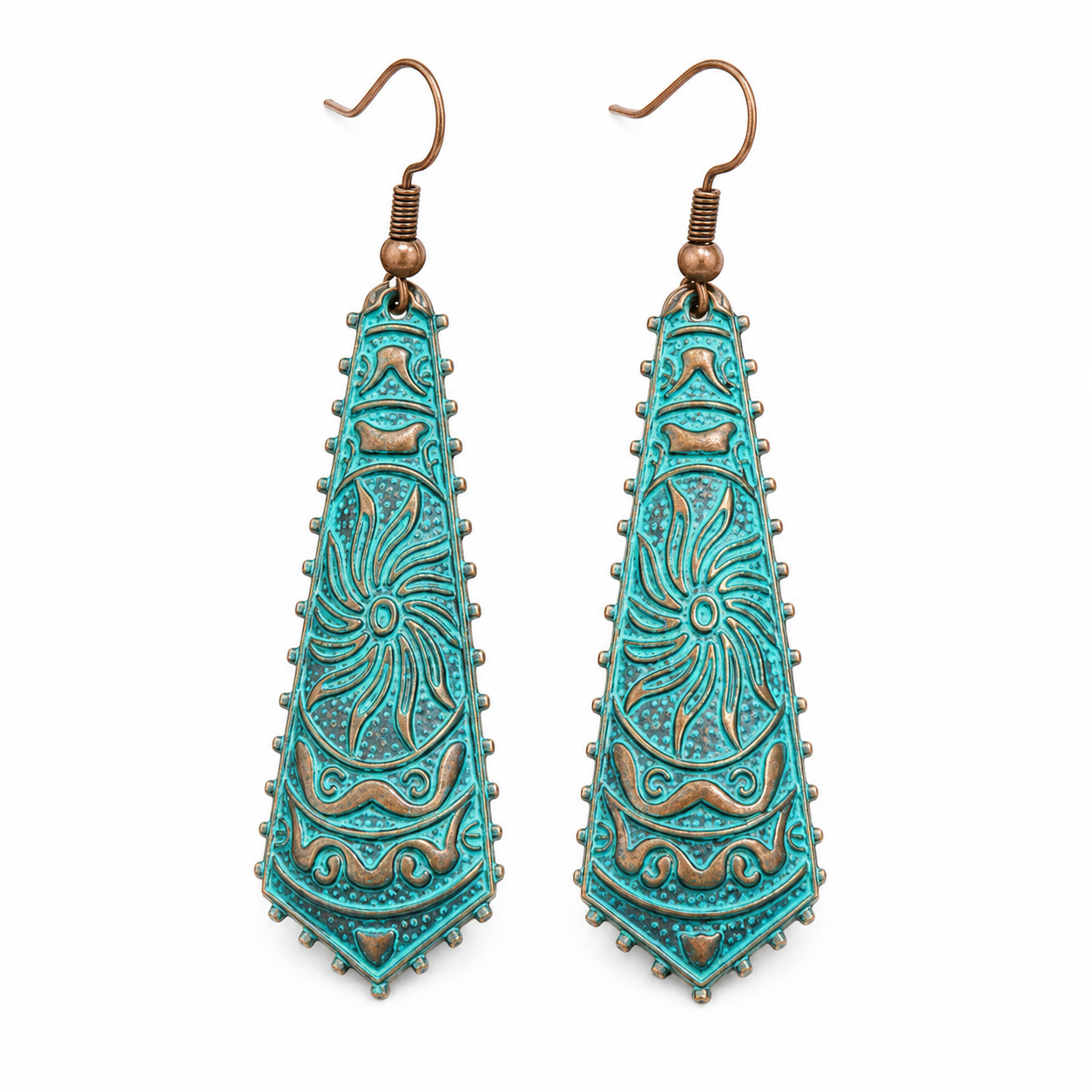 Turquoise Patina Antique Bronze Tone Boho Long Drop Dangle Statement Earrings