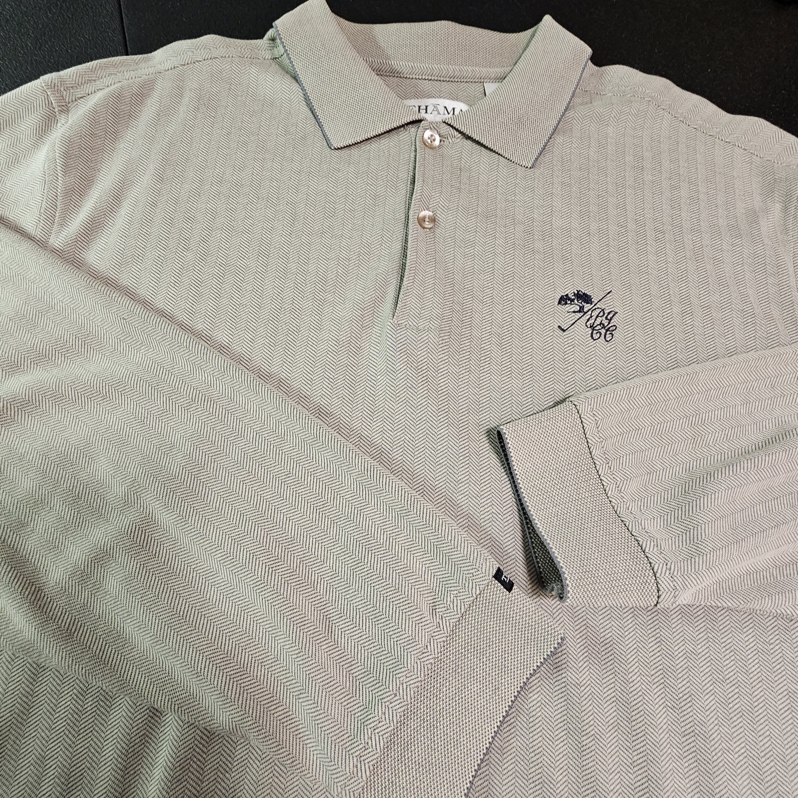 TEHAMA Men LARGE LS Golf Pullover Shirt Herringbone Hang’em Dry Hi Style Hi Tech