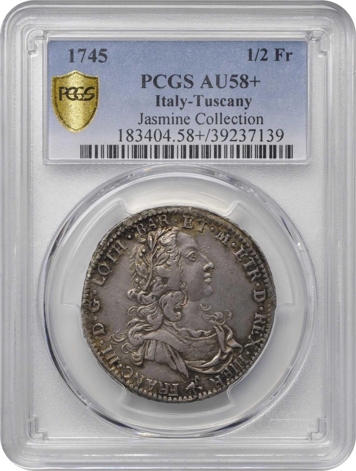 ITALIAN STATES - TUSCANY 1745 1/2 FRANCESCONE SILVER COIN PCGS CERTIFIED AU58+