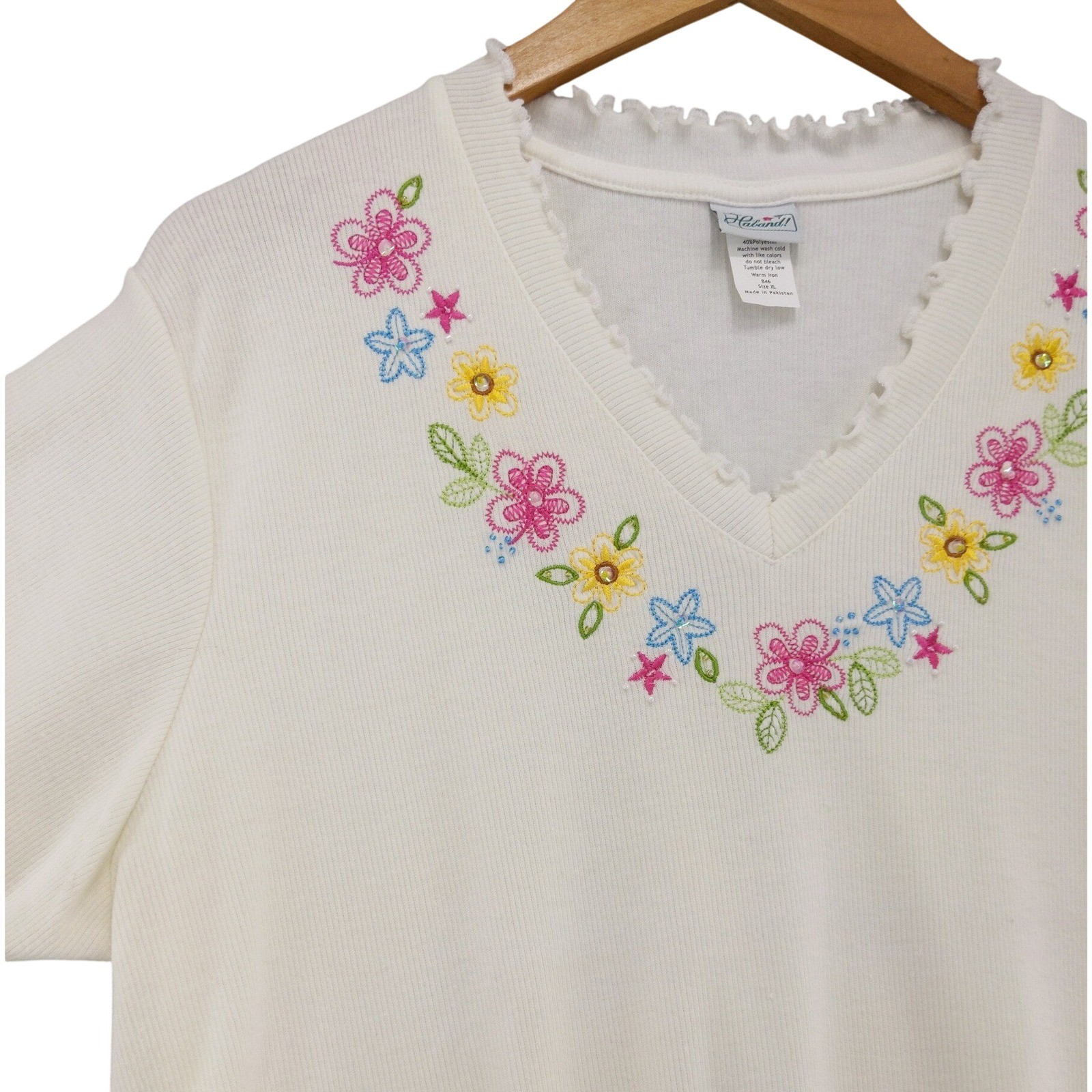 Vtg 90s Haband Knit Top Women XL Ivory Floral Embroidered Lettuce Trim Ribbed