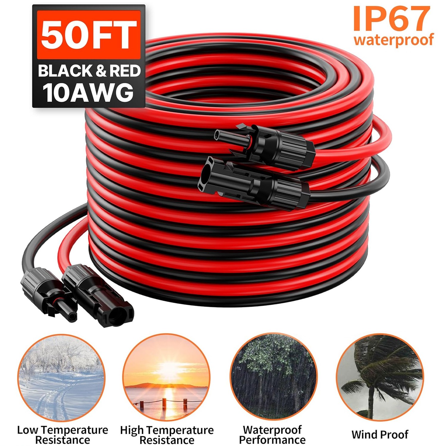 50ft Black + Red 10AWG Solar Panel Extension Cable Flexible Wire Connectors 50ft Black + Red 10AWG Solar Panel Extension Cable Flexible Wire Connectors