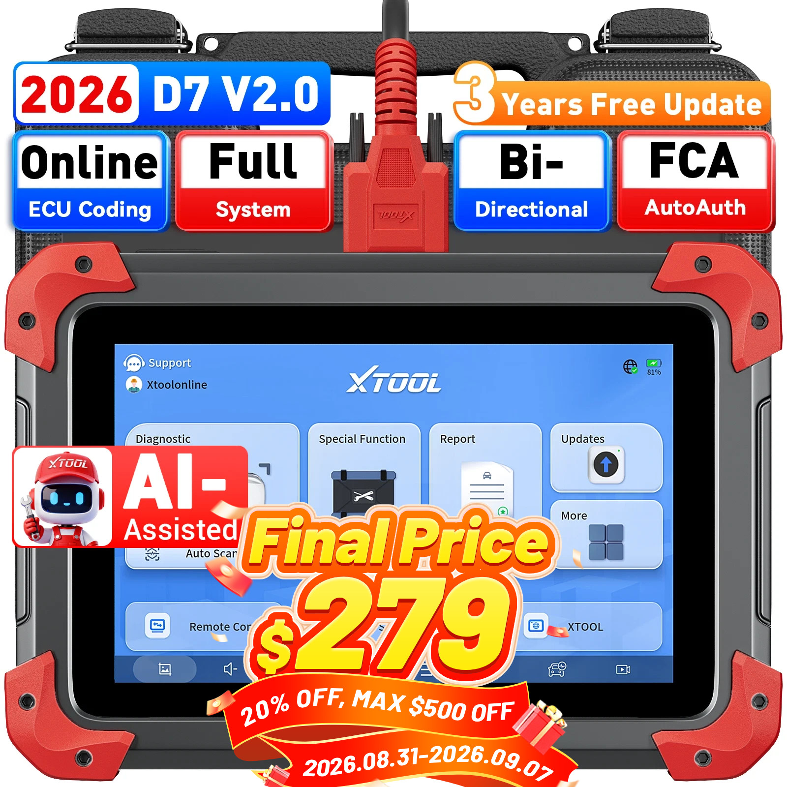 2026 XTOOL D7 V2.0 Full System Diagnostic Bi-Directional Scanner Key Programmer