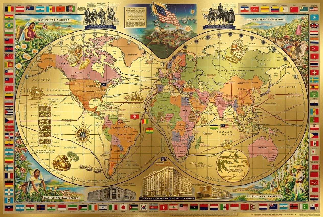 REAR VINTAGE PICTORIAL MAP MCCORMICK TEA SPICE COFFEE WORLD ROUTES FLAGS 1960 REAR VINTAGE PICTORIAL MAP MCCORMICK TEA SPICE COFFEE WORLD ROUTES FLAGS 1960