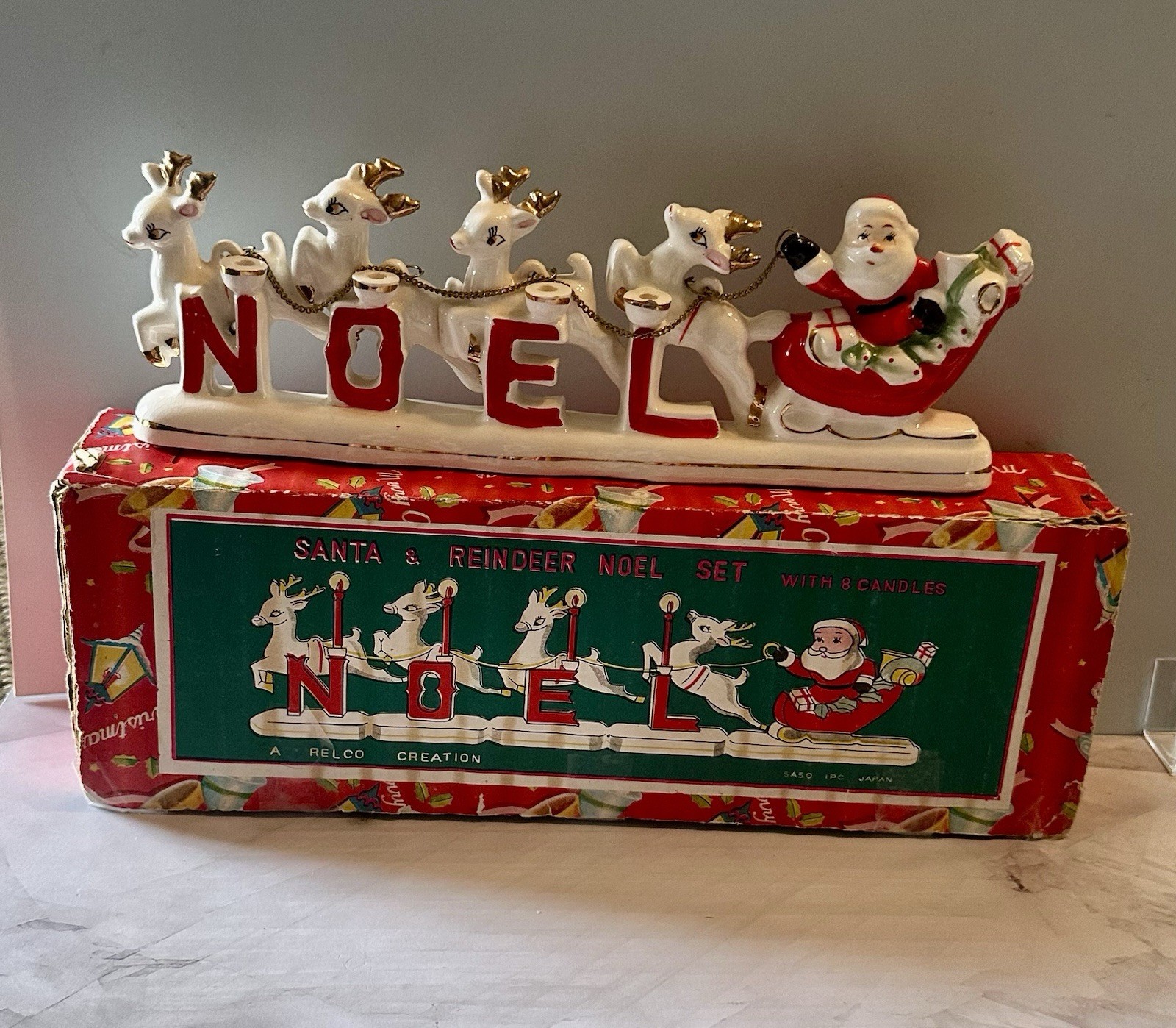 Vintage RELCO NOEL Santa Sleigh Reindeer Christmas Candle Holder w Box & Candles Vintage RELCO NOEL Santa Sleigh Reindeer Christmas Candle Holder w Box & Candles