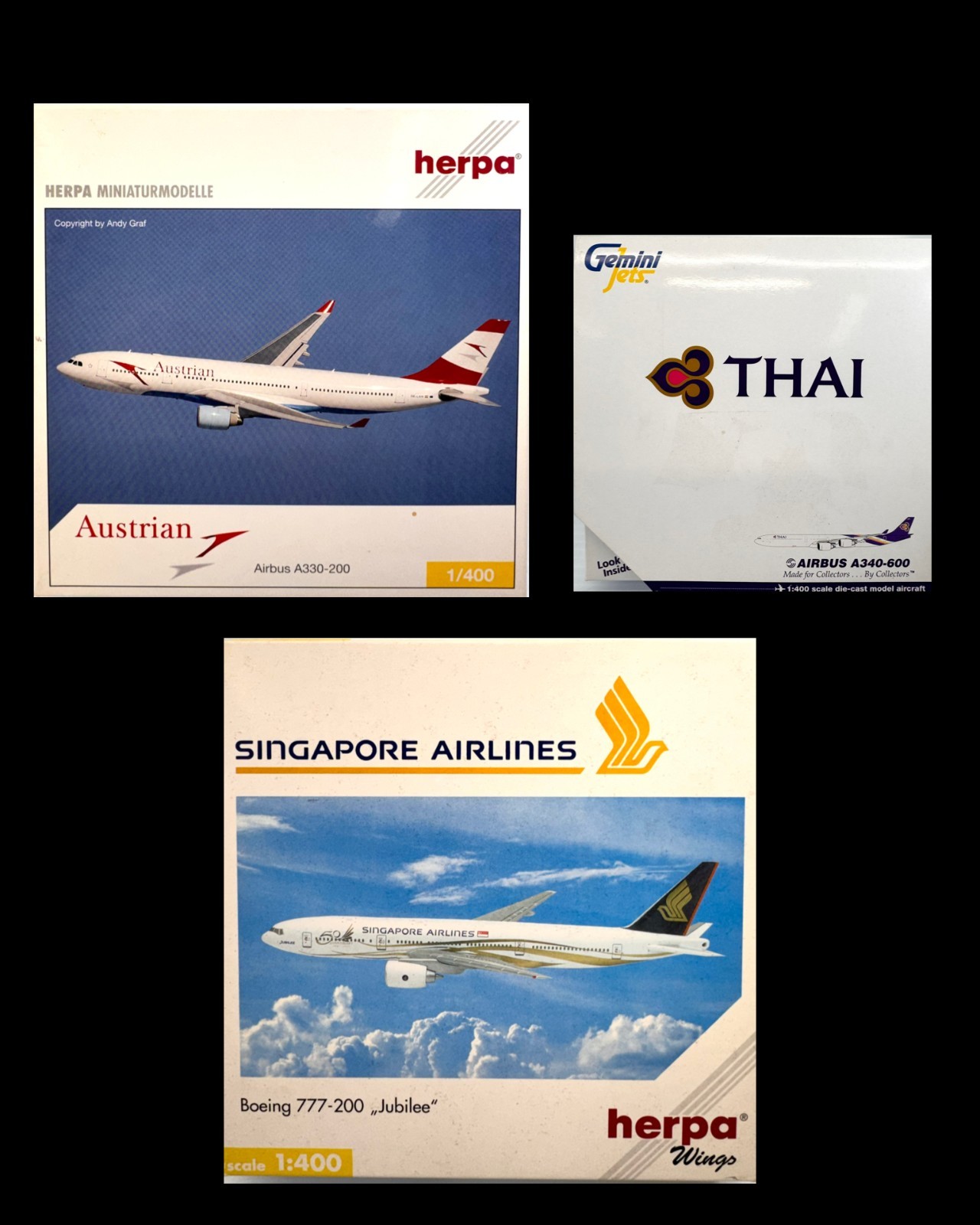 Lot of (2) Herpa 1:400 Scale Diecast Models Singapore & Austrian Airlines NIB