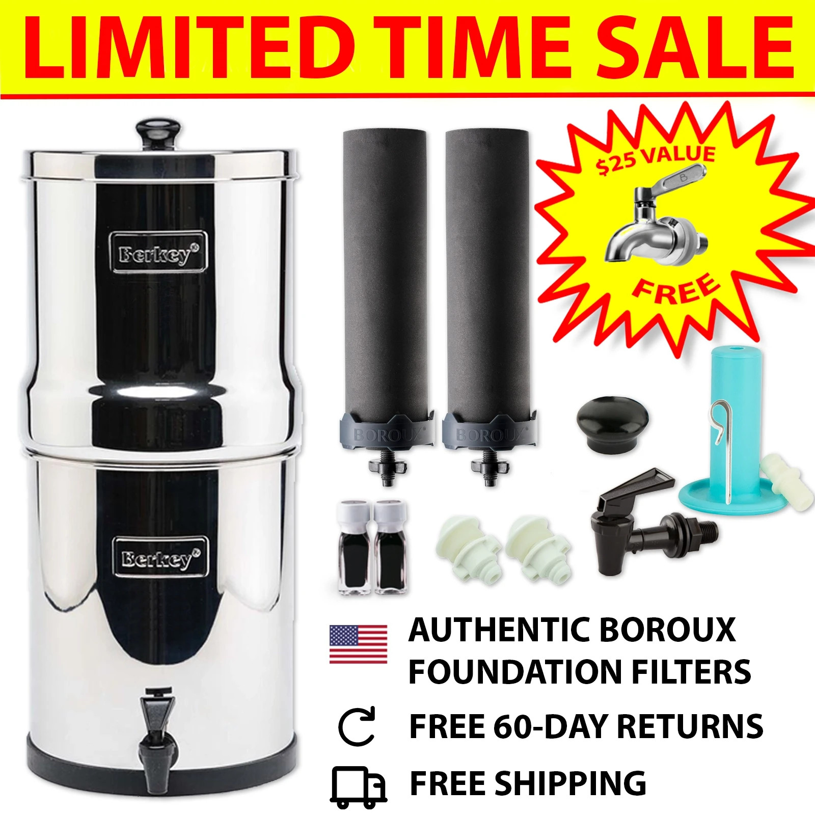 Royal Berkey 3.25 Gal Gravity Filter w/ 2 WQA Certified Boroux Filters