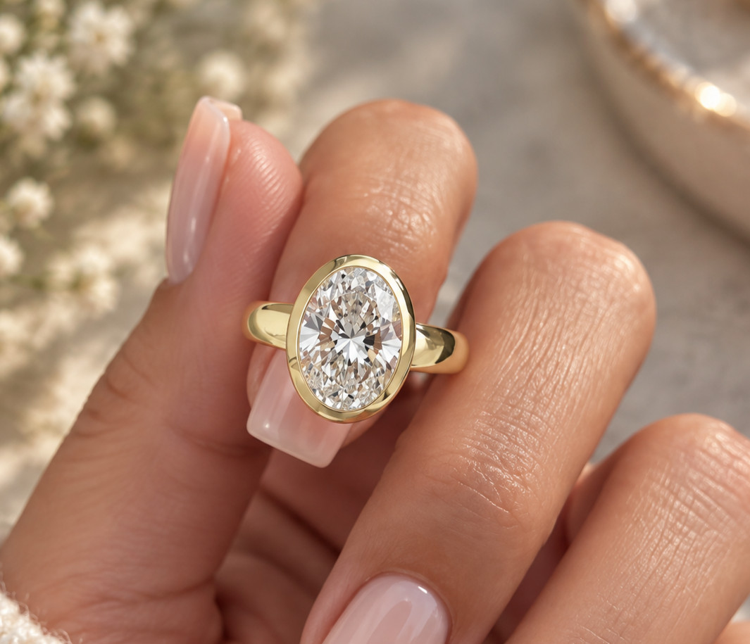 IGI 4.50 Ct Oval-Cut Lab Grown Diamond Bezel Wedding Ring 14K Yellow Gold
