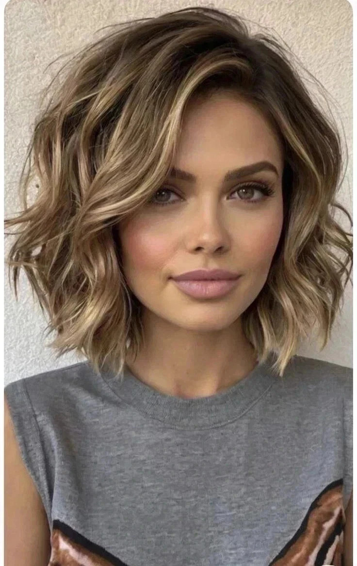 Human Hair Fashion Charming Women\'s Short Brown Mix Blond Wavy Wigs 12 In