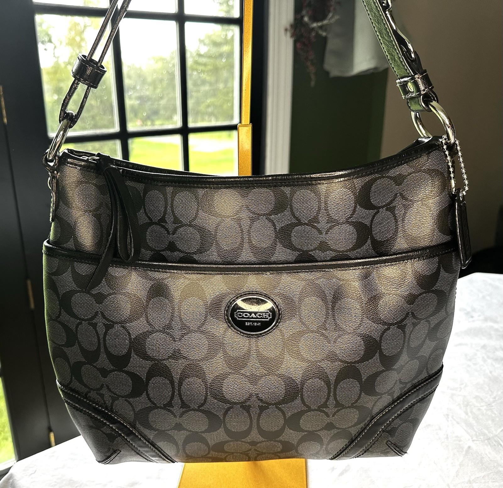 Coach Peyton Signature Hobo Black/Gray Shoulder Bag Zip Top Excellent Orig: $298