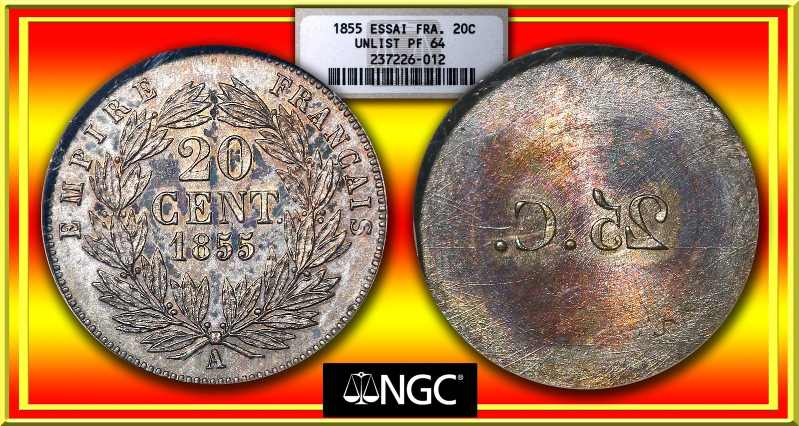 FRANCE 1855 20-Centimes Uniface Essai Pattern Maz-1687 Reverse NGC PR/64 Finest
