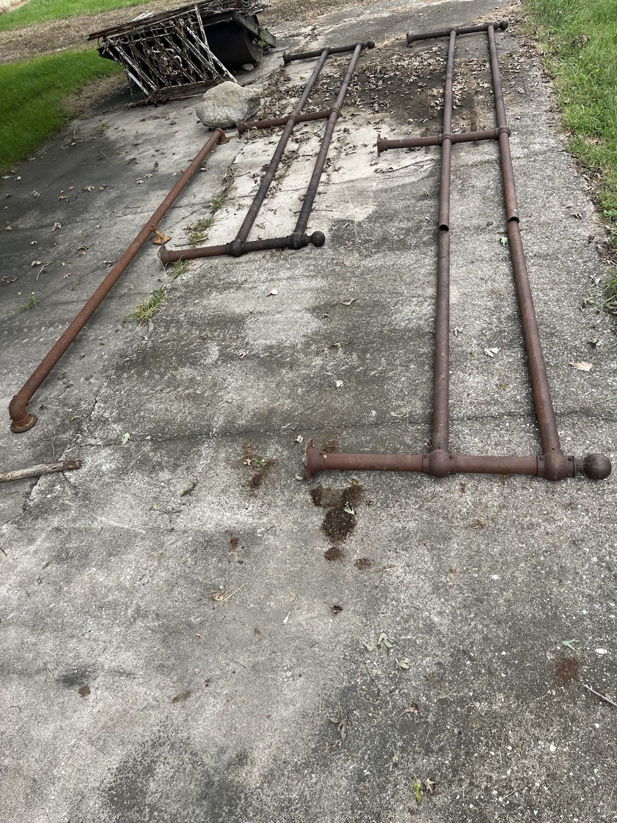 antique metal pipe railings lot w/ cast steel bases & ball finials reclaimed