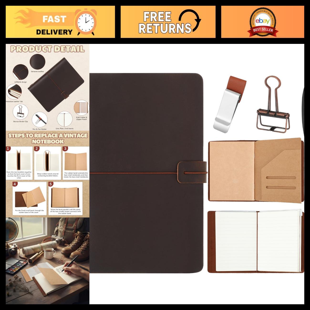 A5 Size Refillable Leather Journal Notebook - Travel-Friendly, Coffee Color