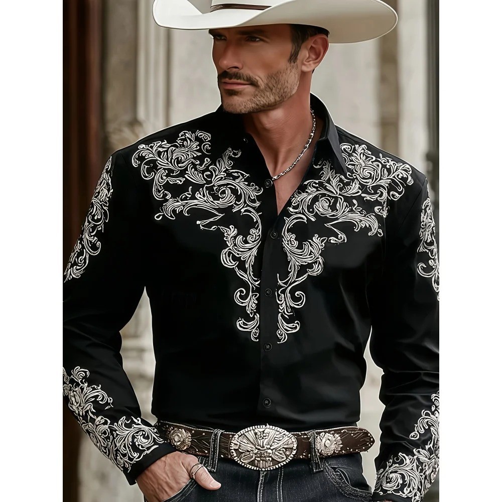 Men\'s Western Cowboy Shirt Long Sleeve Retro Printing Casual Buttons Down Shirt