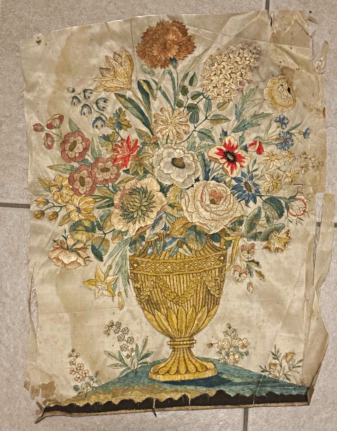 18th/19th Century Silk Embroidery Floral Urn Panel – Hand Embroidered Silkwork