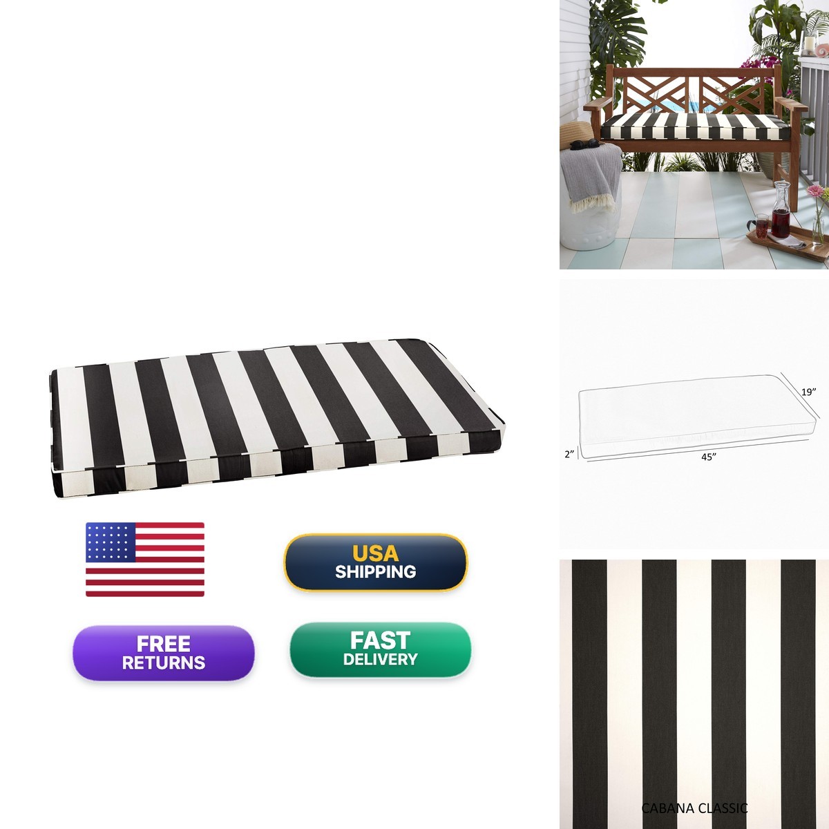 Sorra Home Sunbrella Corded Bench Cushion Cabana Classic 45\