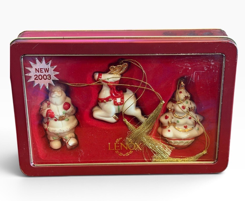 Vintage 2003 Lenox Tin Box Set of 3 Santa Reindeer Tree Ornaments NIB Vintage 2003 Lenox Tin Box Set of 3 Santa Reindeer Tree Ornaments NIB