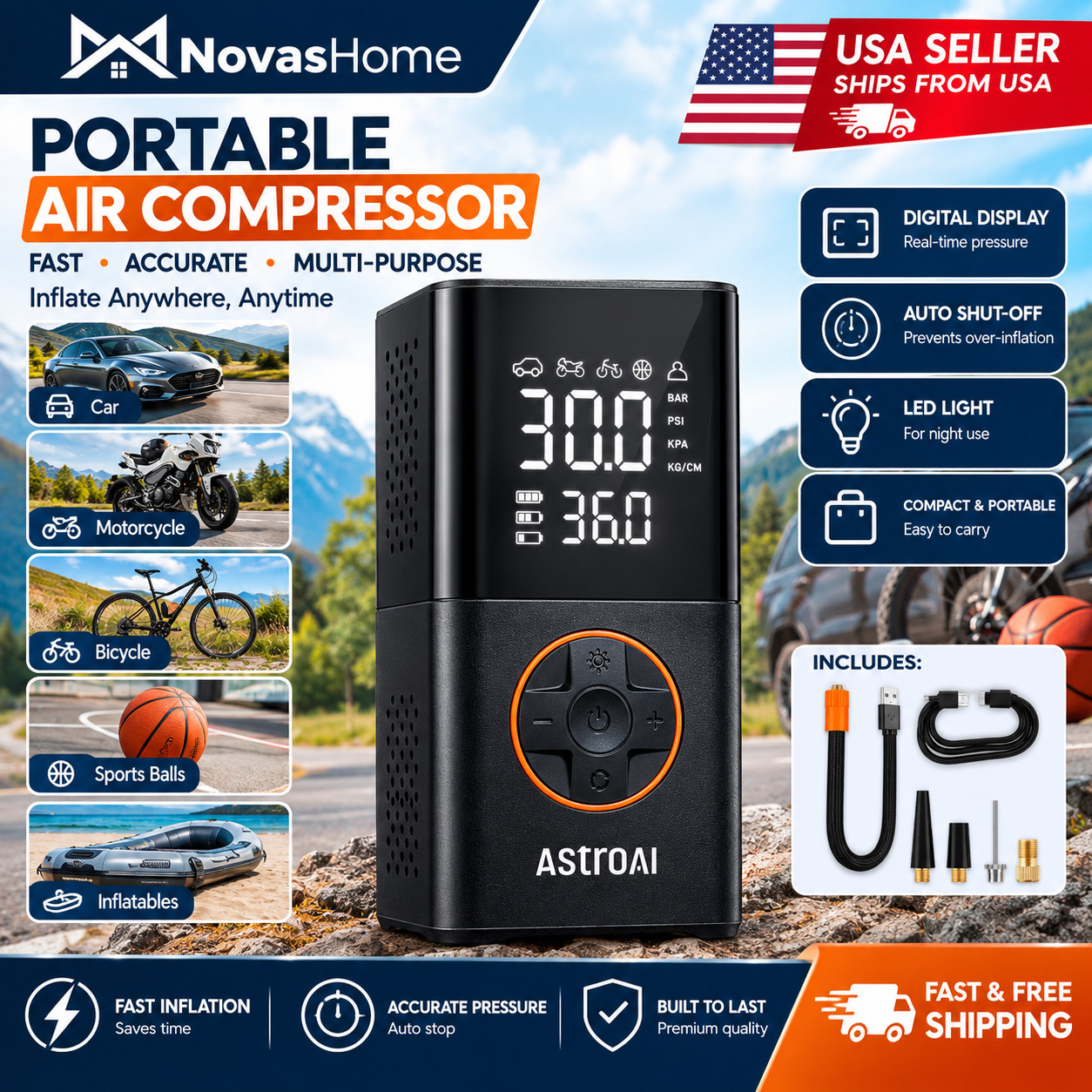 AstroAI L7 150 PSI Cordless Tire Inflator Portable Air Compressor Bike Pump