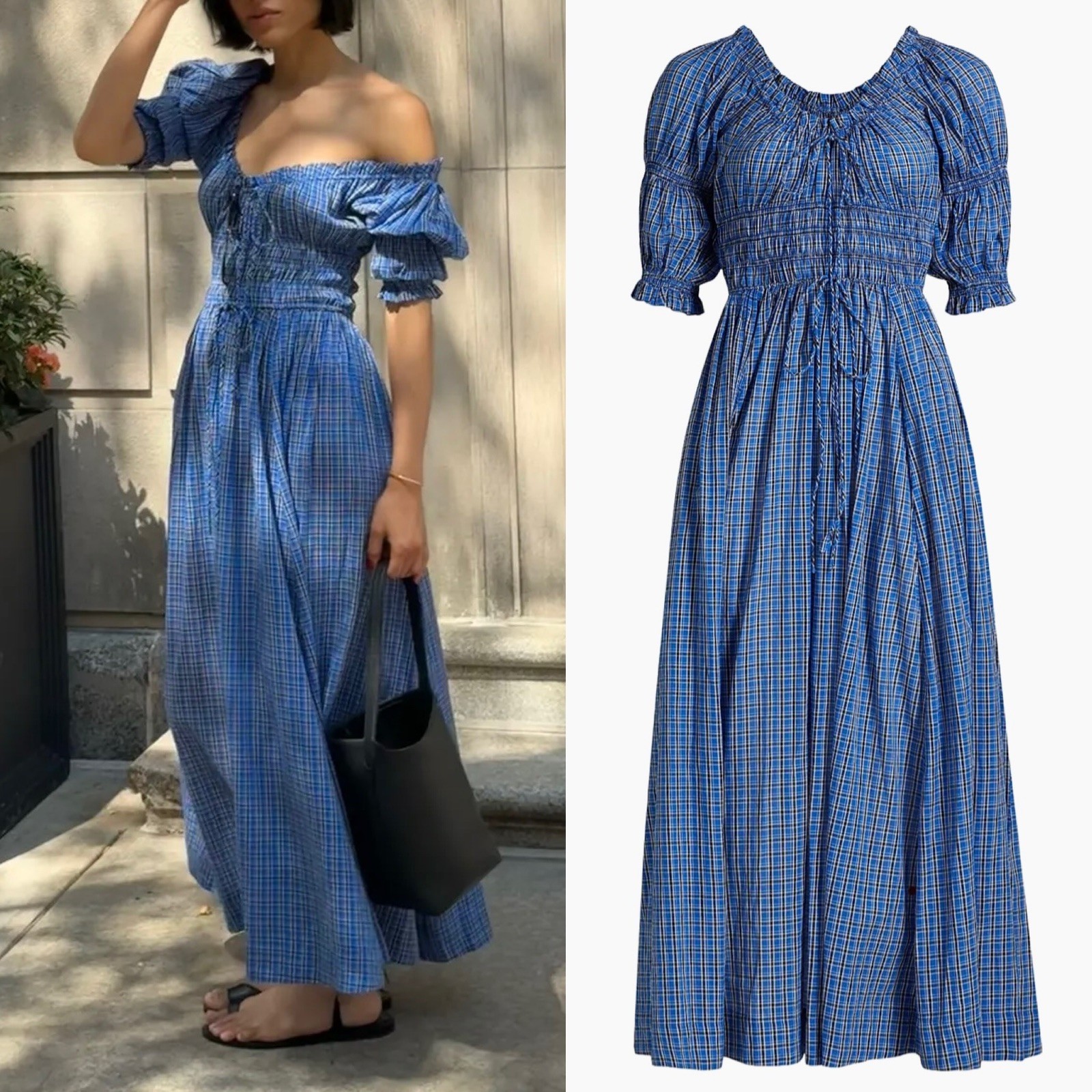 NWT Doen Ischia Cotton Voile Smocked Midi Dress Cassis Check Blue Plaid