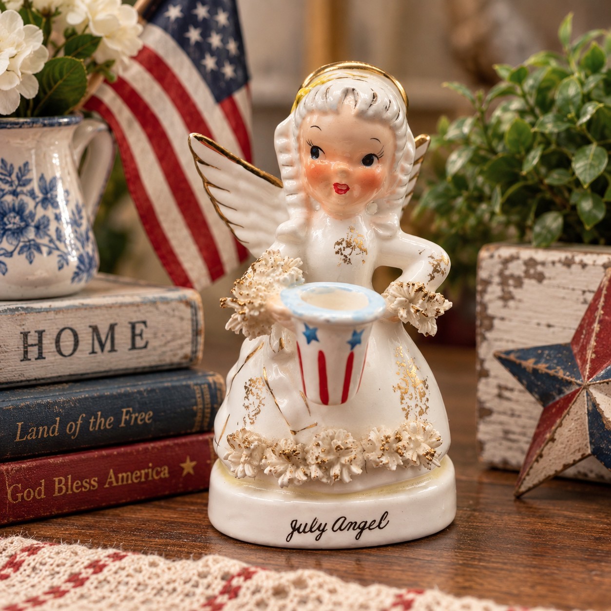 Vintage Napco July Angel A1367 Patriotic Girl Figurine Japan Original Sticker