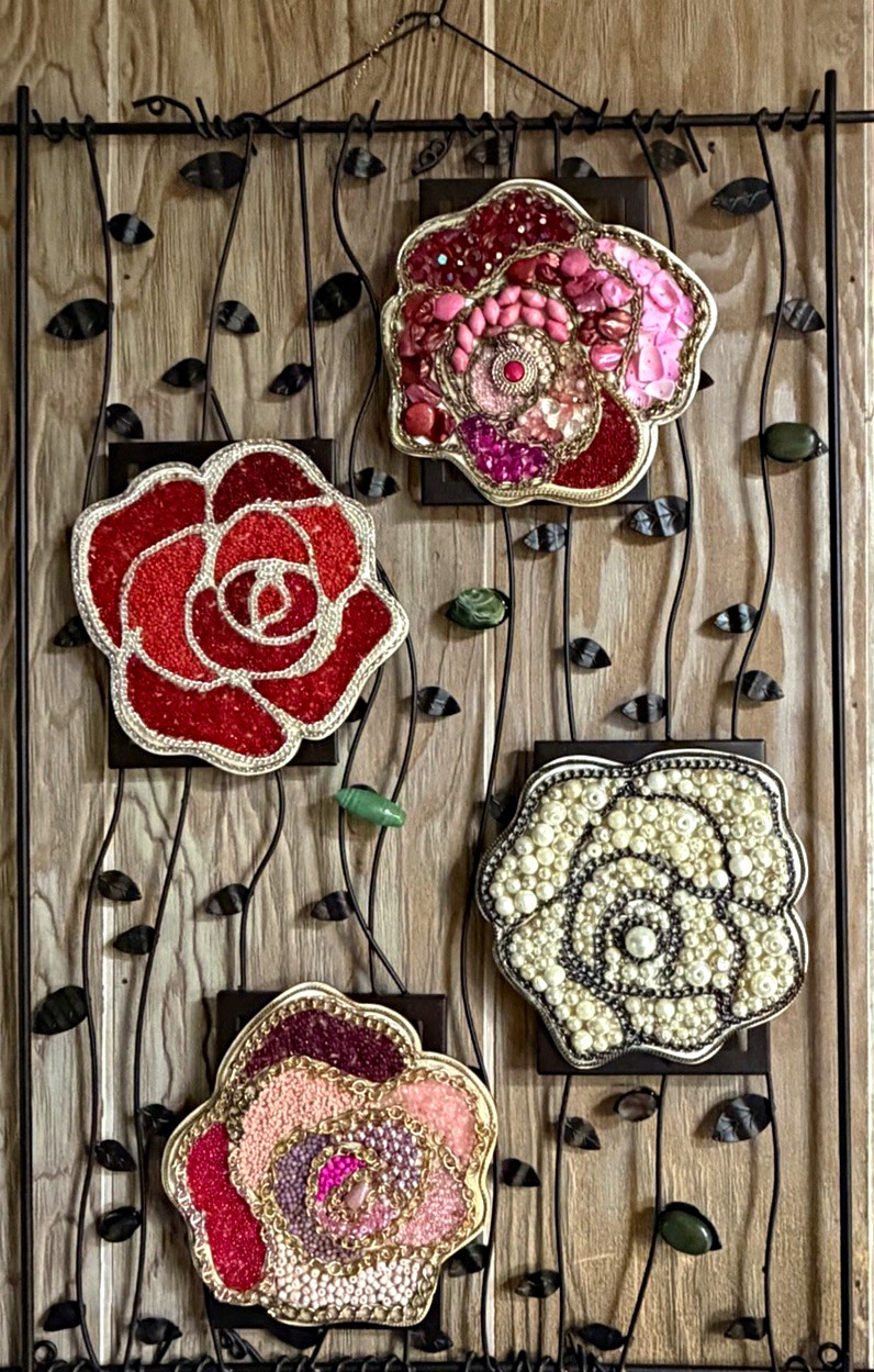 OOAK Handmade Floral Hanging, Broken Jewelry Art on Metal Frame, 24”x36” OOAK Handmade Floral Hanging, Broken Jewelry Art on Metal Frame, 24”x36”