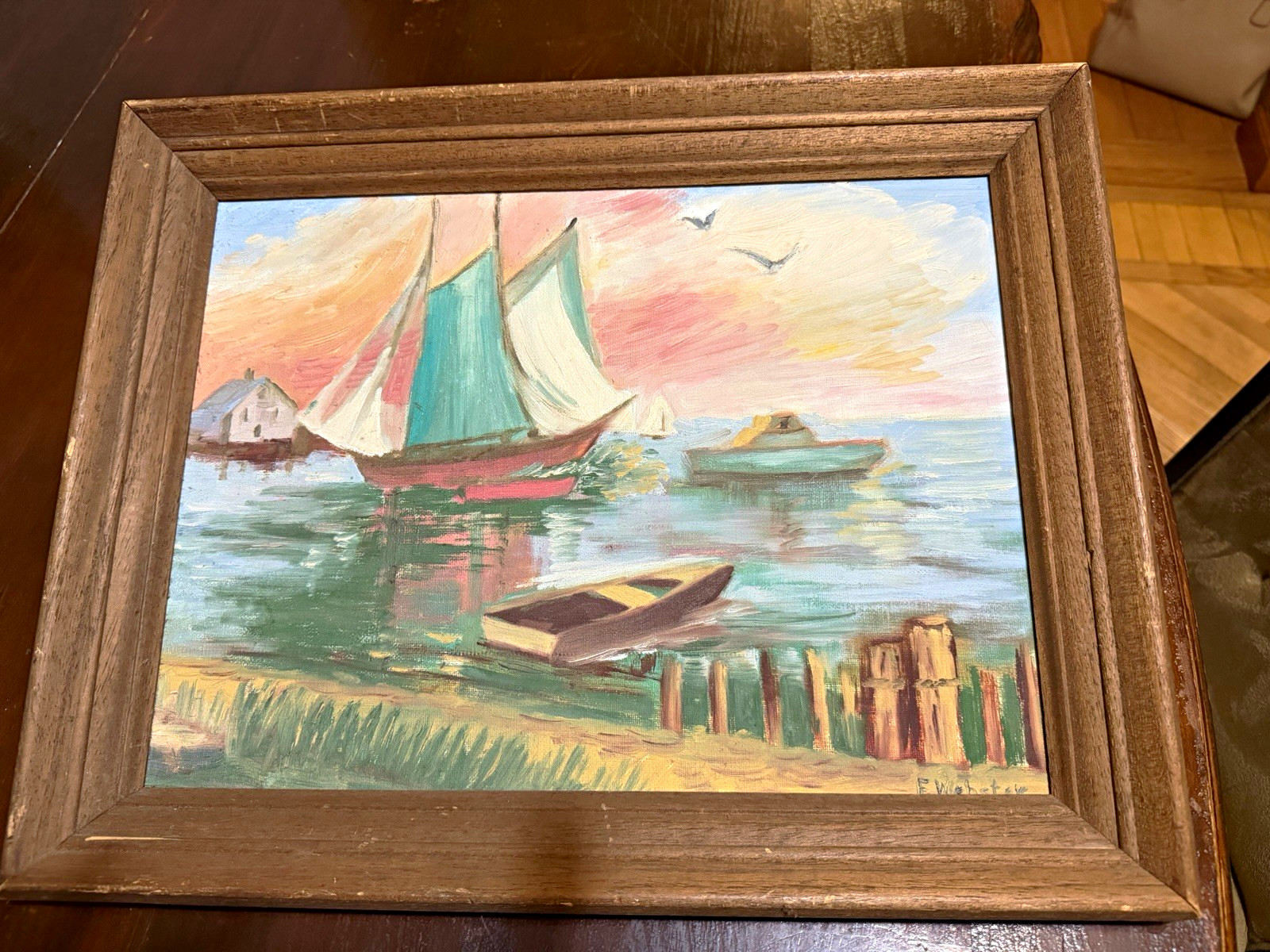 E. Webster Signed Framed Sailboat Seascape Impressionist Canvas Panel