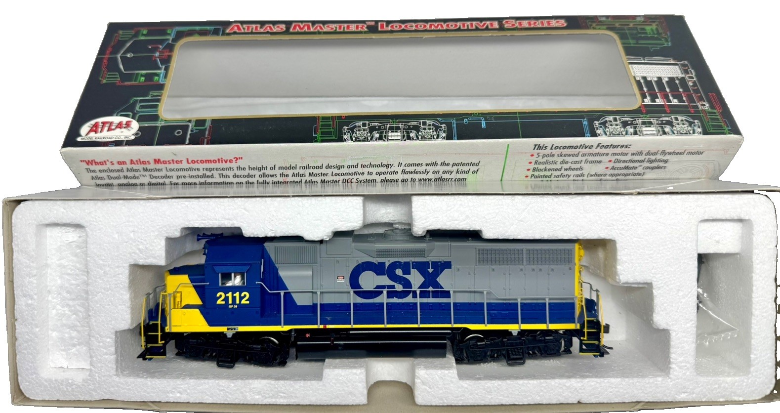 HO ATLAS 8967 MASTER GP-38 CSX # 2112 DC DCC DUAL MODE DECODER IN BOX C-8 grade HO ATLAS 8967 MASTER GP-38 CSX # 2112 DC DCC DUAL MODE DECODER IN BOX C-8 grade