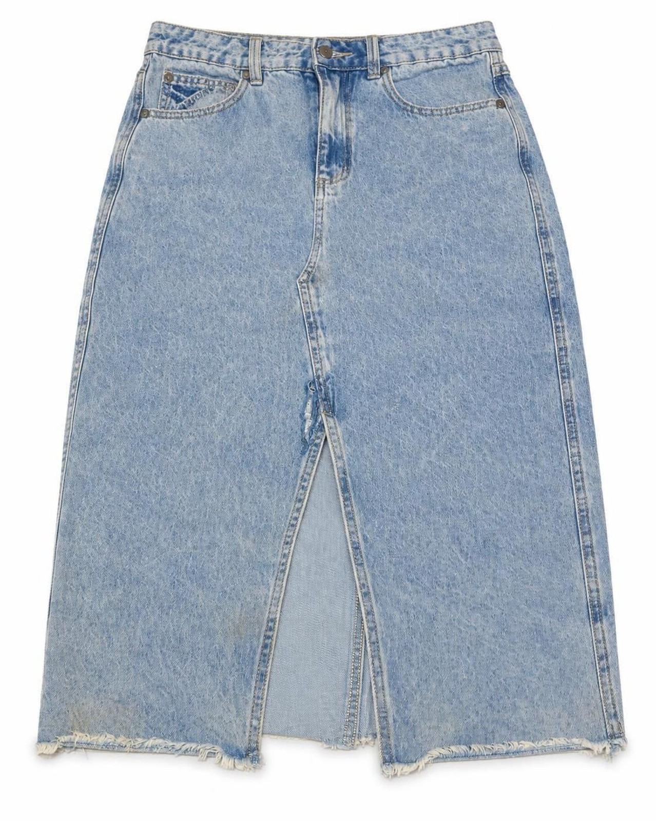 Rip Curl The Search Denim Midi Skirt Womens S Vintage Blue Front Slit Raw Hem