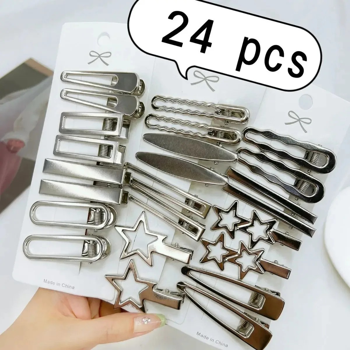 24Pcs Silver Hair Clips Set Women Girls Star Duckbill Barrettes Hair Pins