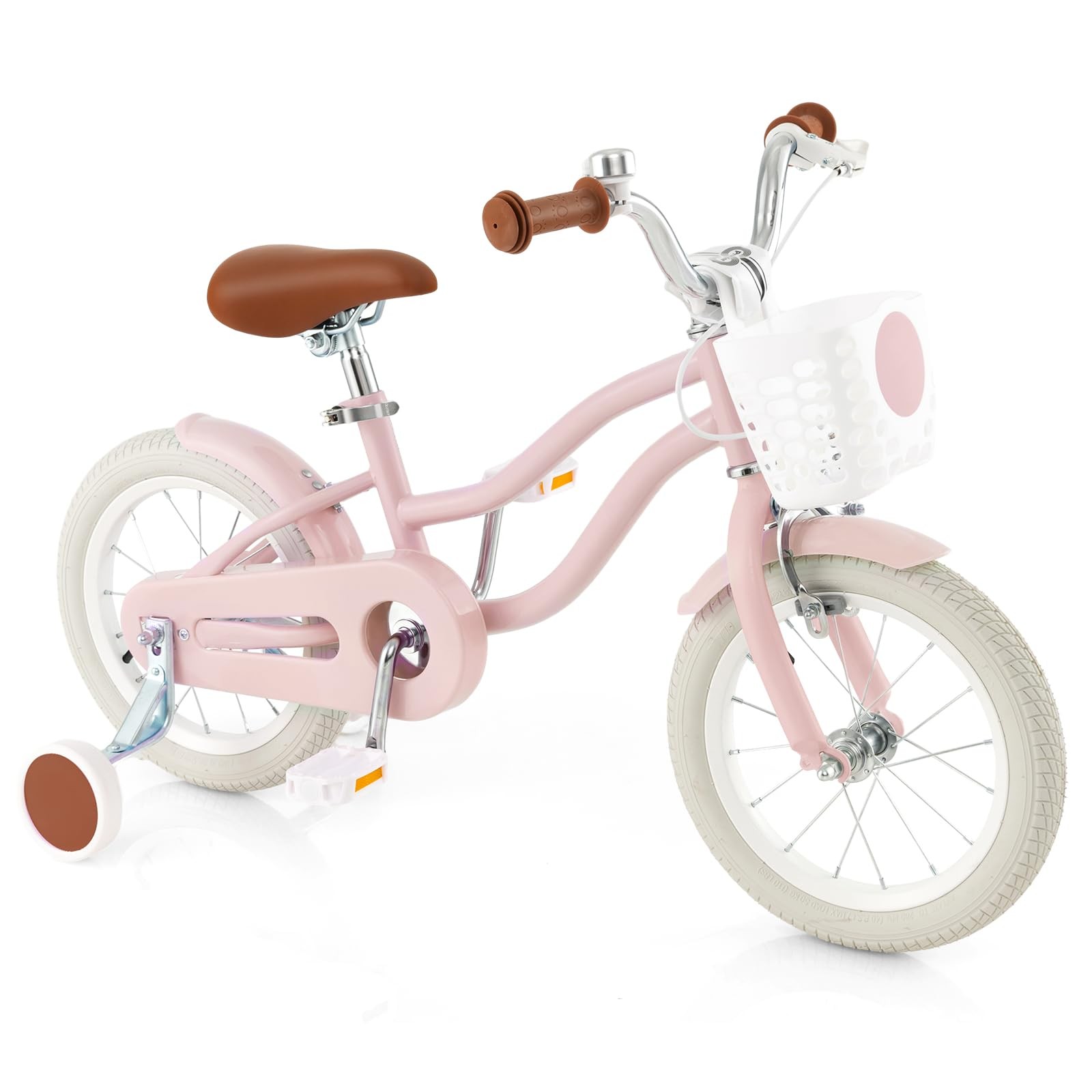 HONEY JOY 14 Inch Pink Kids Bike w/Training Wheels Handbrake Basket 3-8