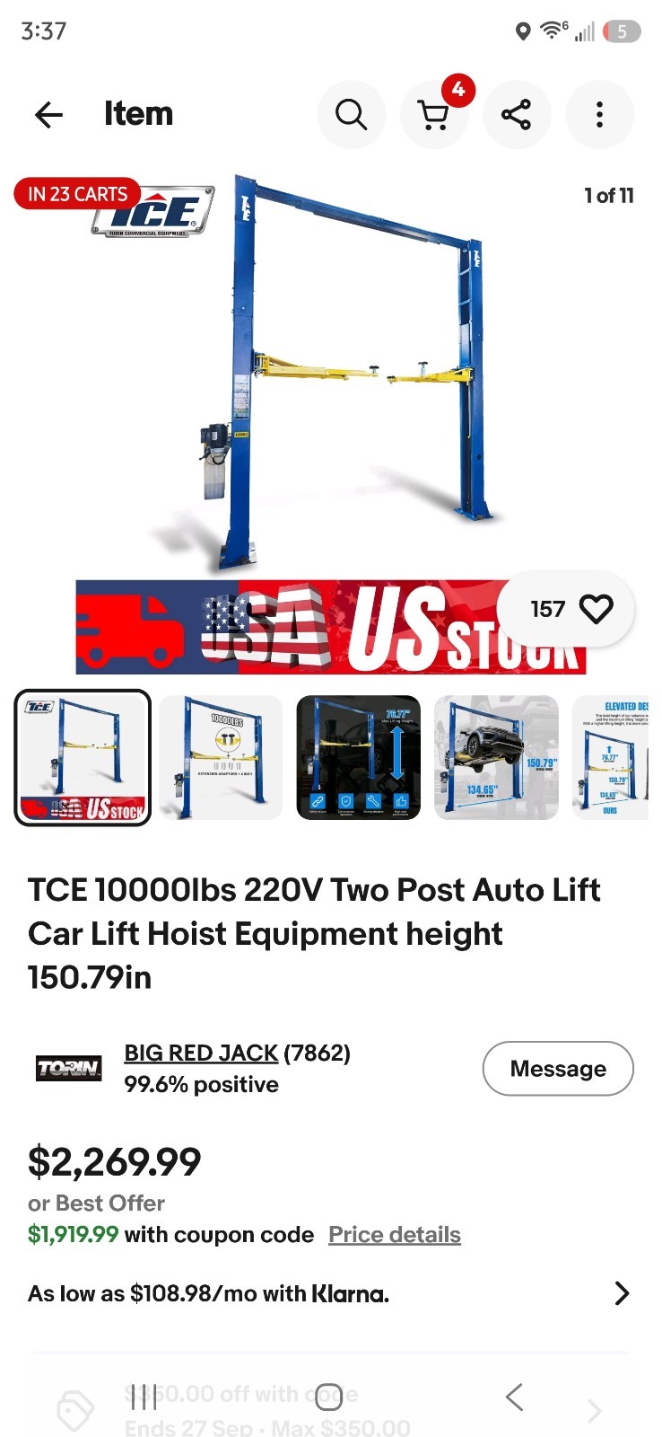 TCE 2 Post Lift 10000lbs 220V Two Post Lift Auto Lift Car Lift Hoist Equipment