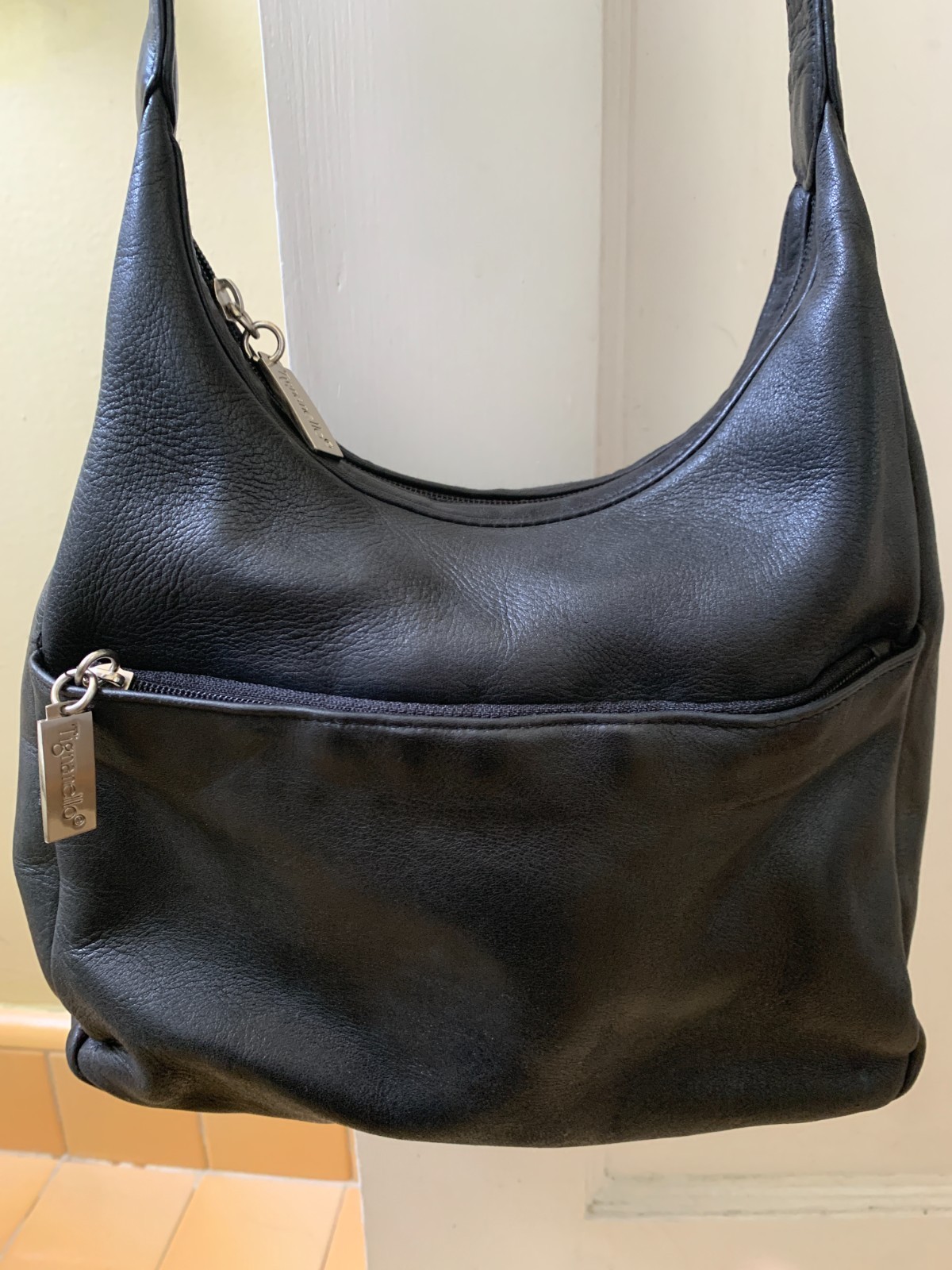 Tignanello Black Genuine Leather  Shoulder Bag, Style 0312, Non-Adjustable Strap