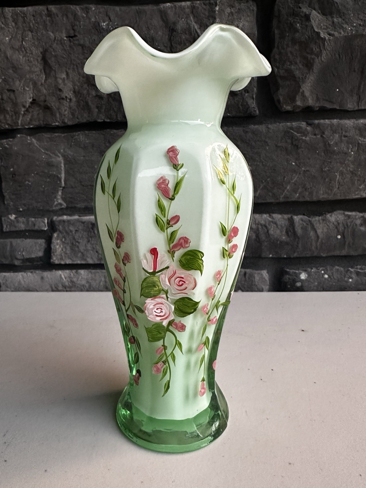 VTG Fenton Opaline Green Sierra Mist Glass Ruffle Floral Hand Painted Roses Vase VTG Fenton Opaline Green Sierra Mist Glass Ruffle Floral Hand Painted Roses Vase