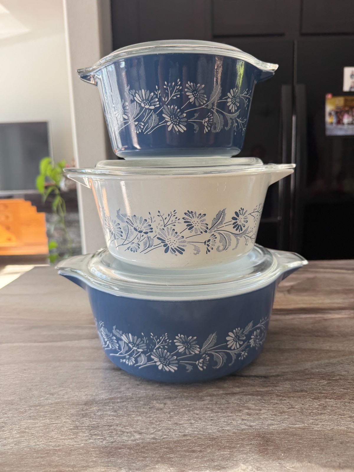 VTG Pyrex Colonial Mist Casserole Dish 3 Piece Set with Lids 473-b /474-b/475-b