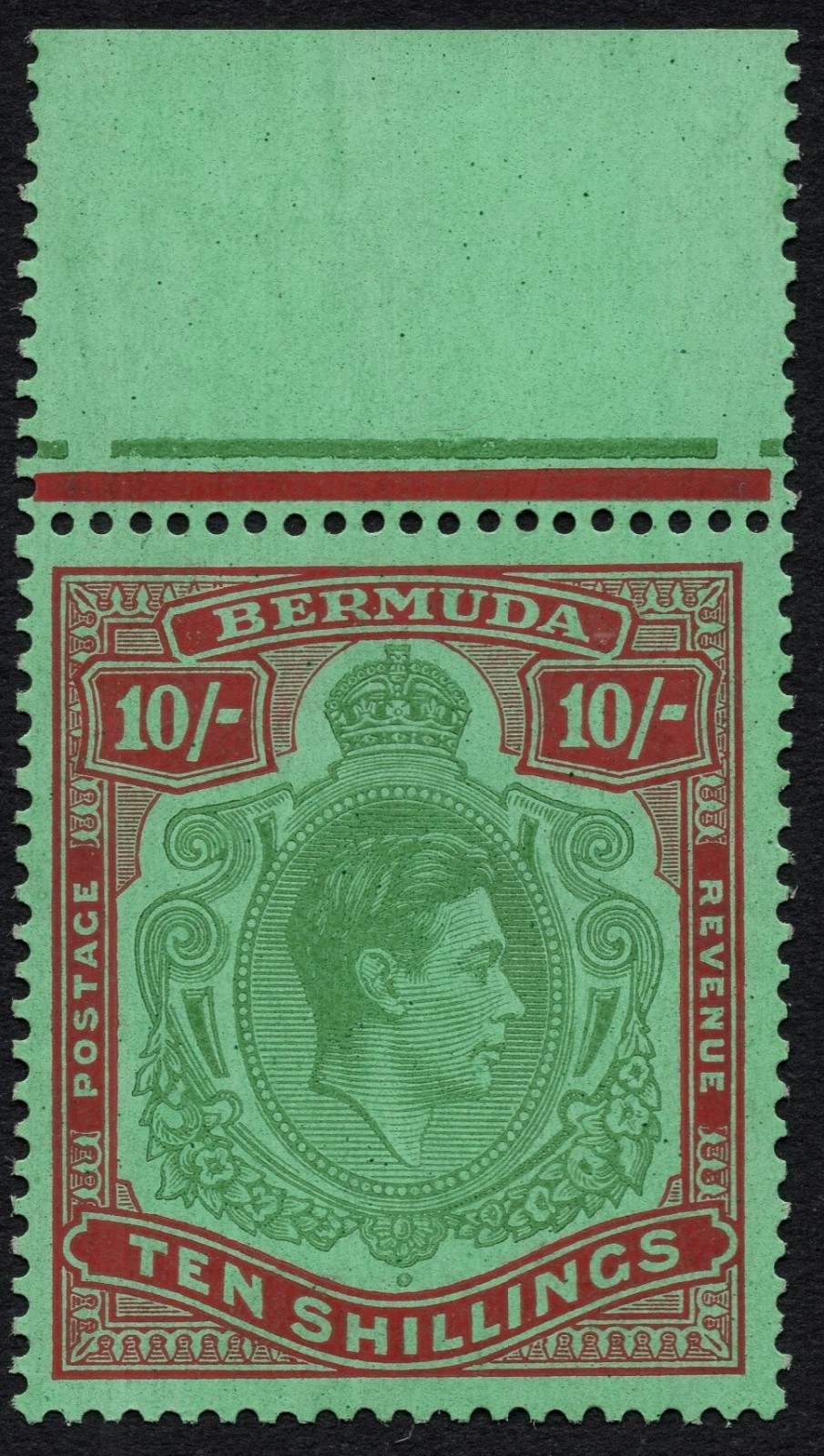 Bermuda 1939 KGVI SG 119 10/-Green and Deep Lake Samp  P14 MNH