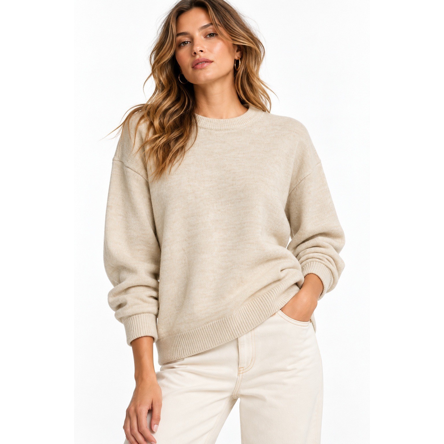HM Womens Cream Beige Marl Crewneck Knit Sweater Size S NWT