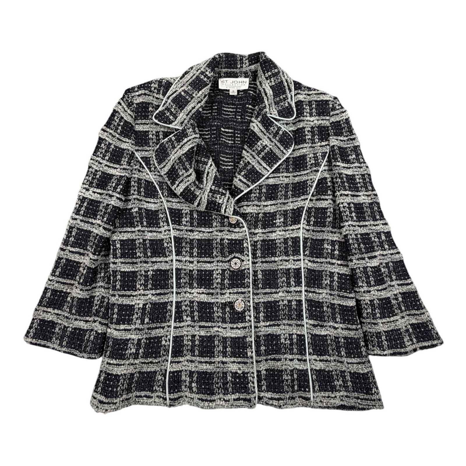 St John Marie Gray Womens Jacket Knit Santana Tweed Plaid Blazer Size 10 St John Marie Gray Womens Jacket Knit Santana Tweed Plaid Blazer Size 10