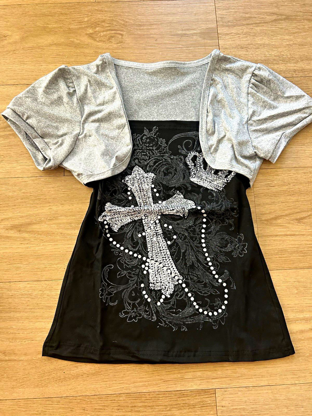 Y2K McBling Rhinestone Cross Graphic Top with Gray Bolero Y2K McBling Rhinestone Cross Graphic Top with Gray Bolero