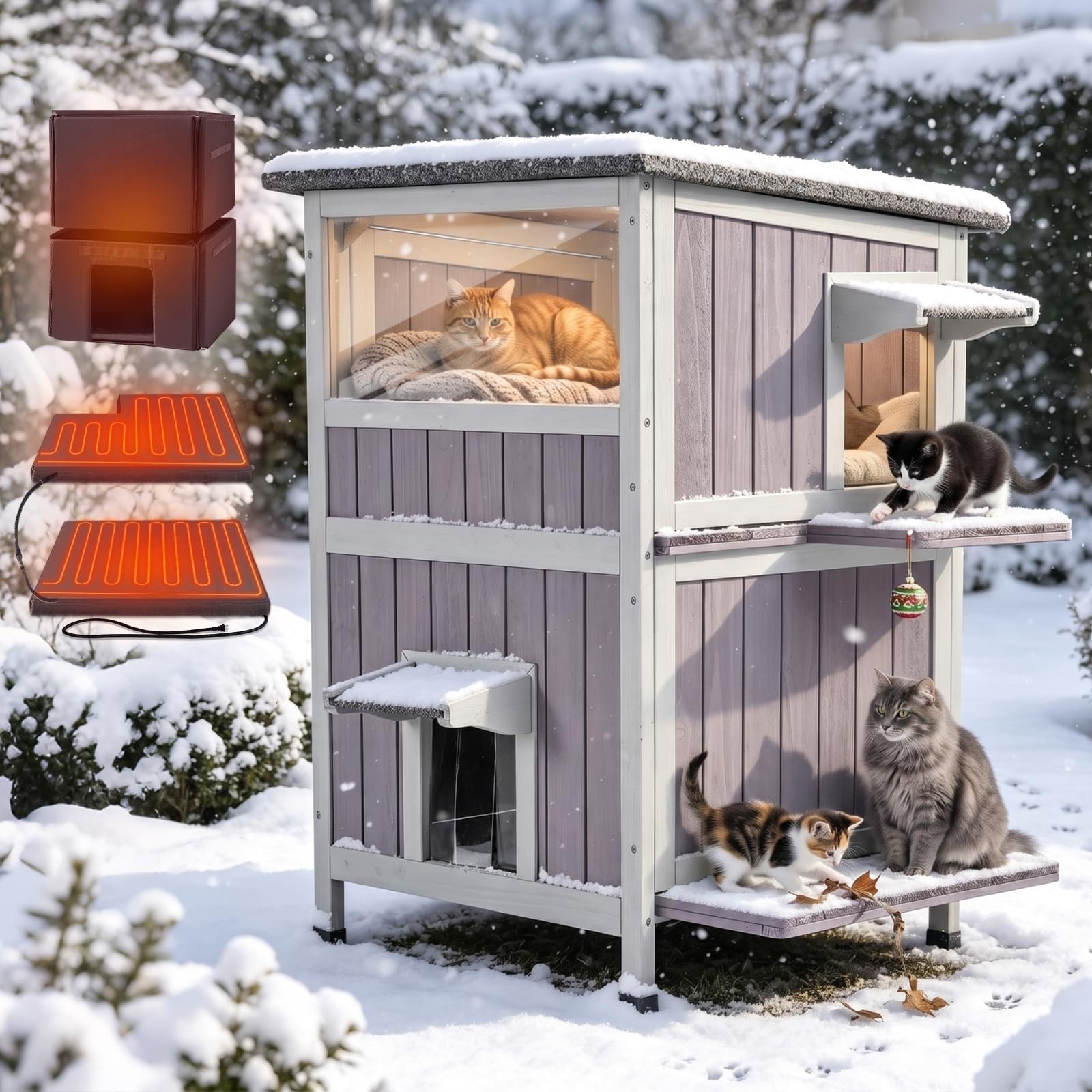 Larger 2-Story Heated Cat House for Outside Waterproof Upgraded