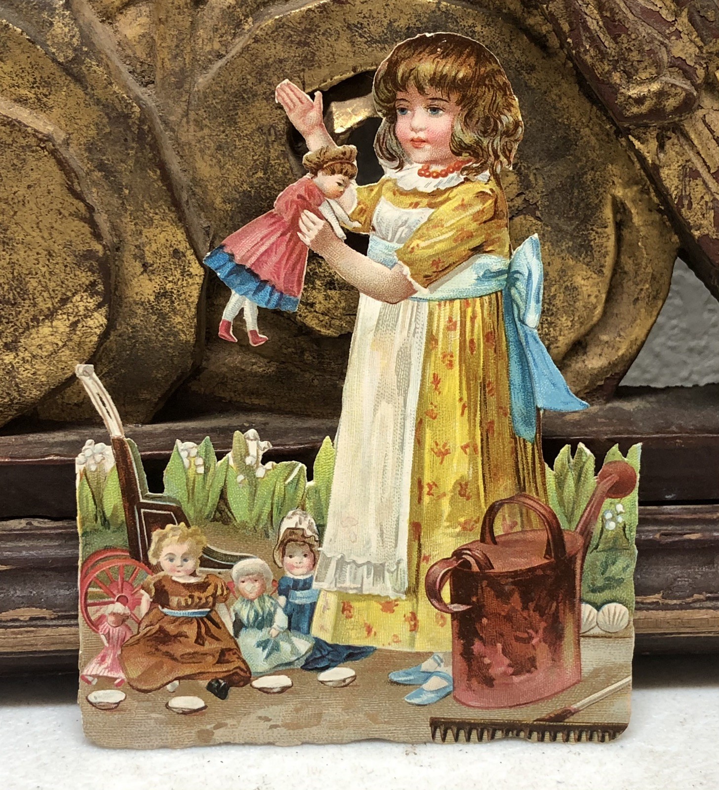 Victorian Die Cut Scrap of Girl in Dress w/ Dolls Flowers - L4