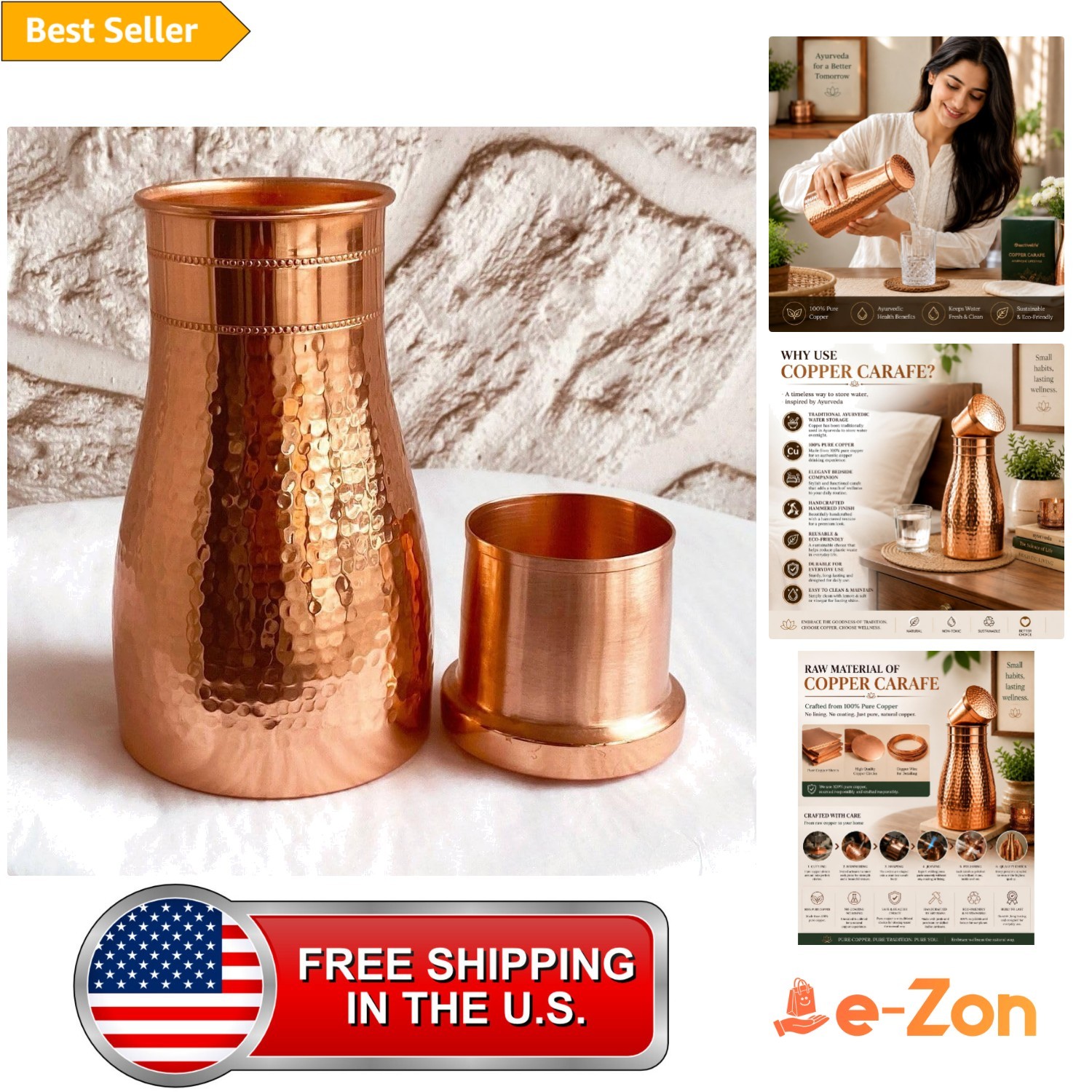 Copper Carafe Water Pitcher with Lid 34 oz Handmade Hammered Recyclable Home