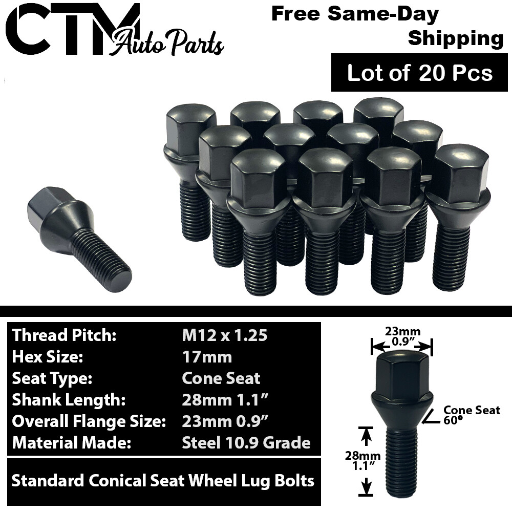 20x Black 12x1.25 Wheel Lug Bolt 28mm Shank Fit Cherokee Compass Renegade Dart
