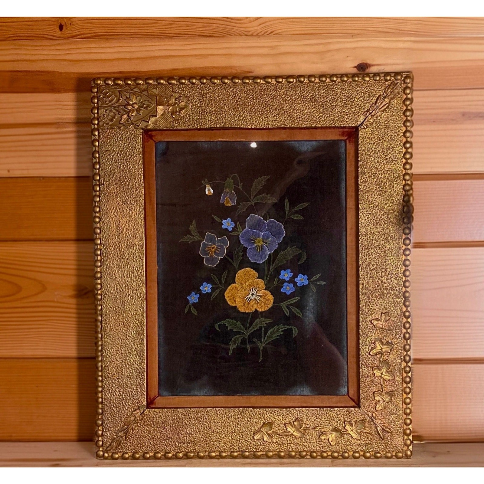 Antique 1880s Velvet Pansy Floral Painting Ornate Gilt Frame 23x19