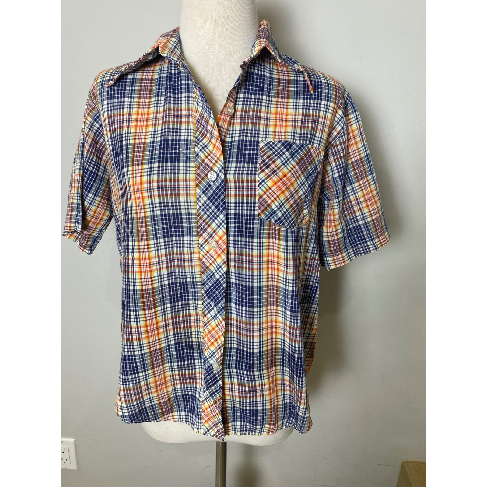 Vintage 60s Kmart Plaid Button Down Shirt Short Sleeve Blue Orange Multi Size 36 Vintage 60s Kmart Plaid Button Down Shirt Short Sleeve Blue Orange Multi Size 36