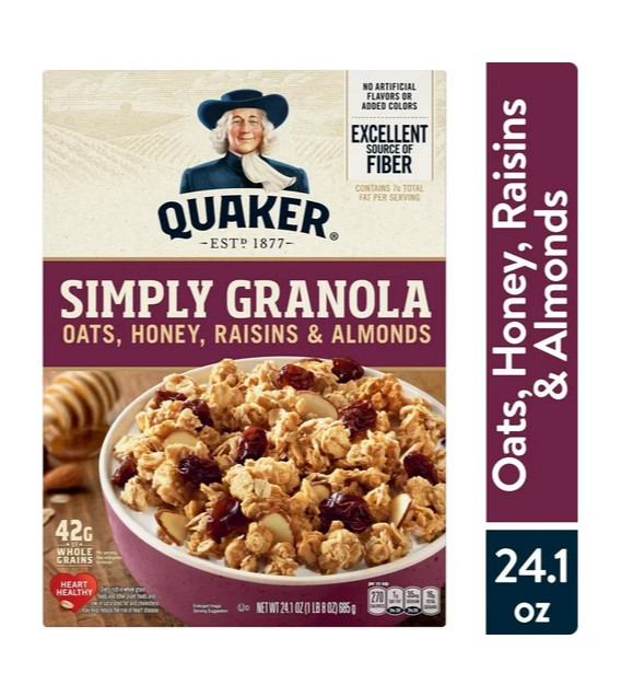 Quaker Simply Granola Breakfast Cereal, Oats Honey Raisins & Almonds, 24.1 oz Quaker Simply Granola Breakfast Cereal, Oats Honey Raisins & Almonds, 24.1 oz