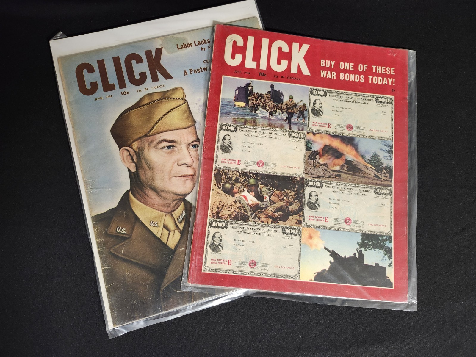 Two Vintage Click Magazines 1944, Eisenhower WW2