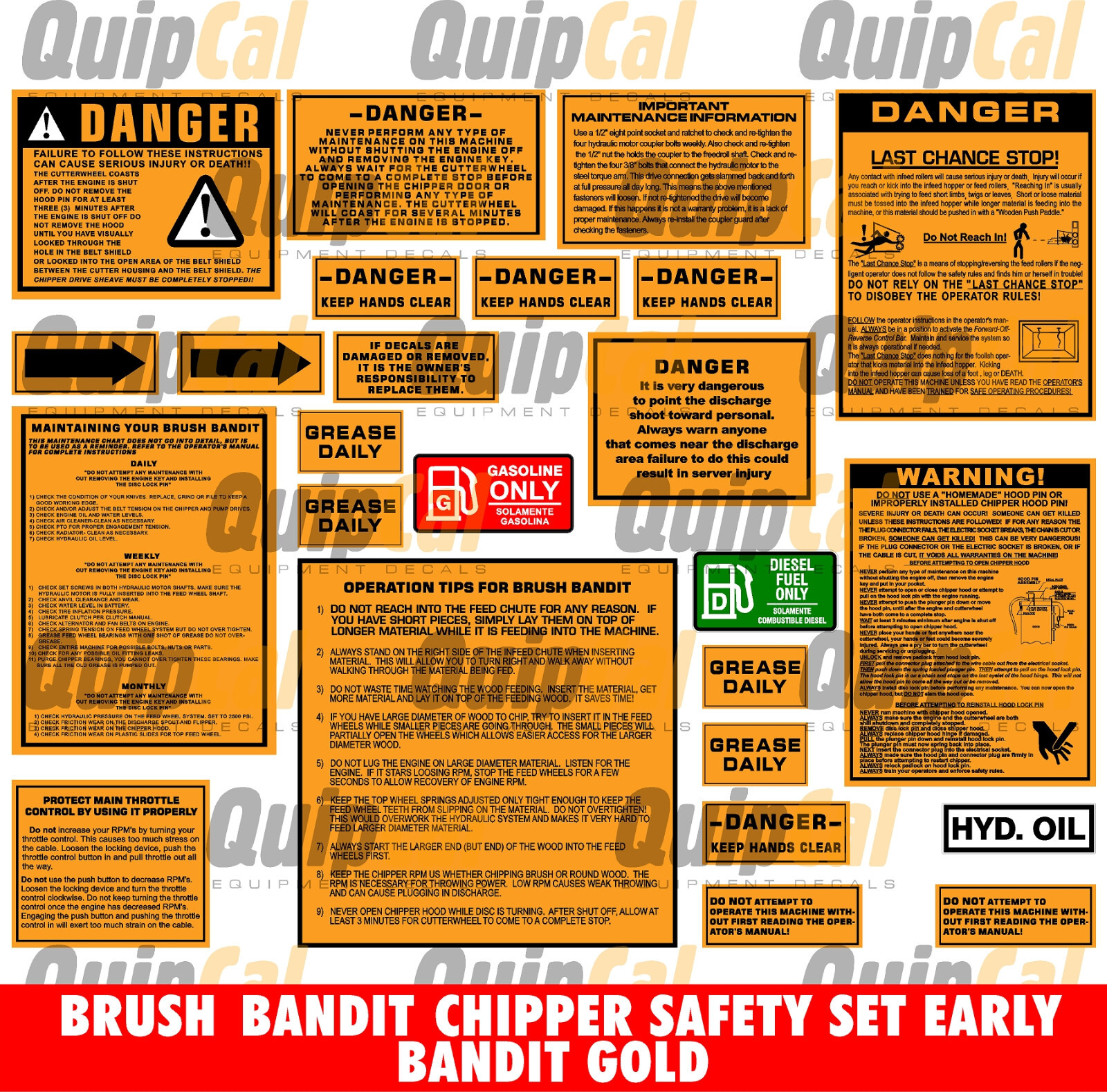 Brush Bandit Early Models Chipper Safety Decal Set - Economical Version