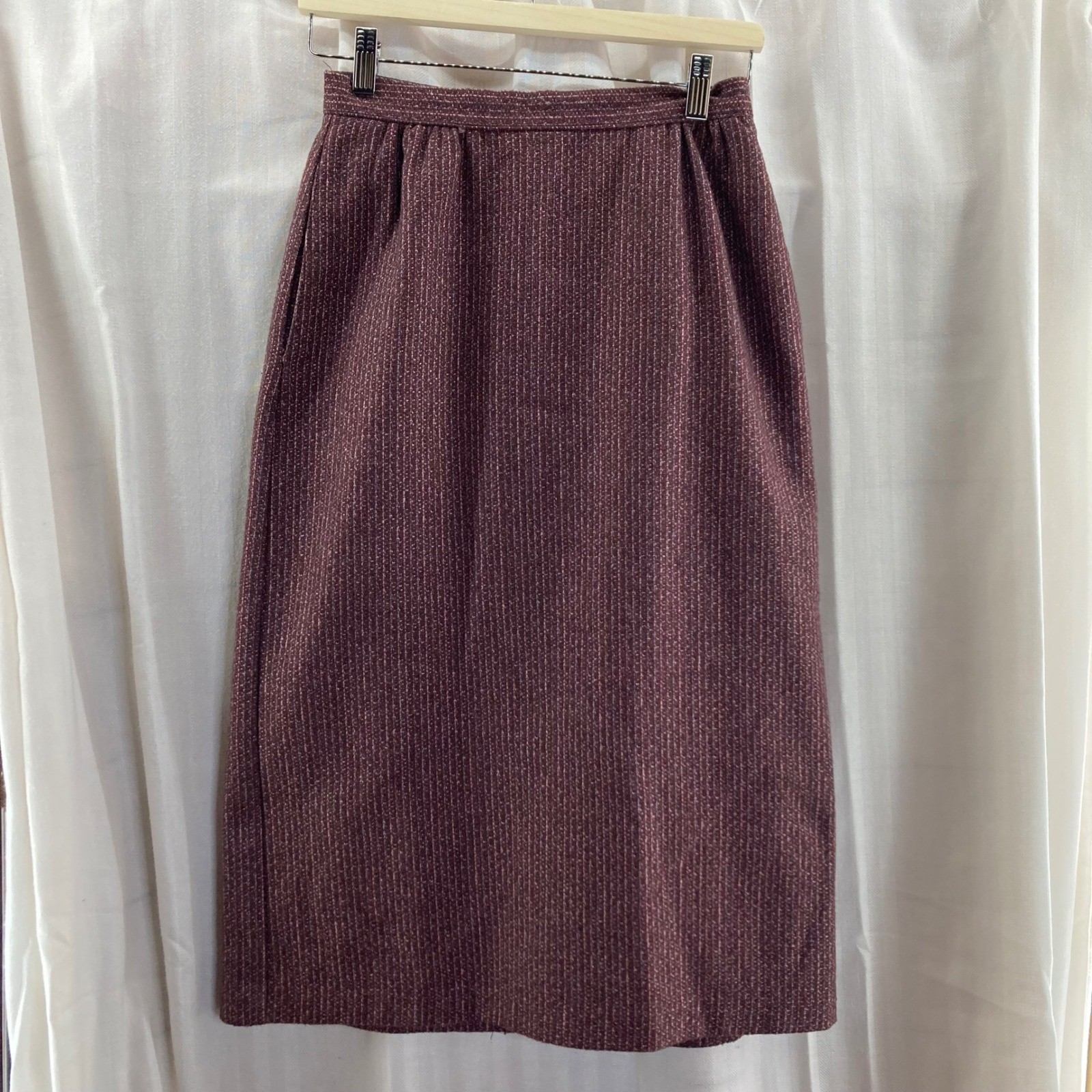 Collini Women Burgundy Tweed Pencil Skirt Below the Knee Vintage Old Money Wool