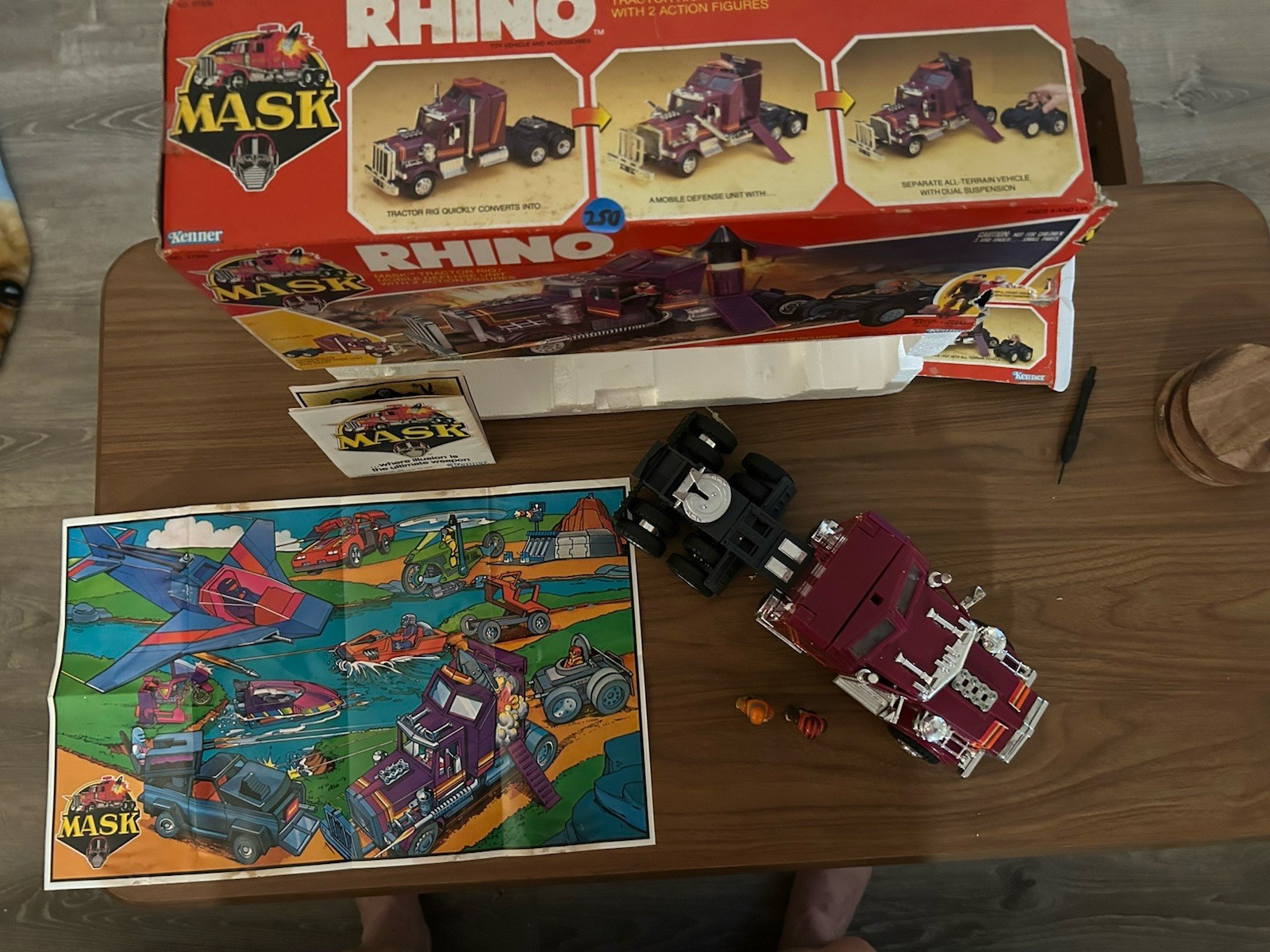 1985 KENNER MASK RHINO TRACTOR RIG W/BOX, 2 ACTION FIGURES COMIC POSTER