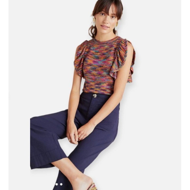 Anthropologie Ruby Flutter Sweater Top Space Dye Multi-Color Artsy Womens Large